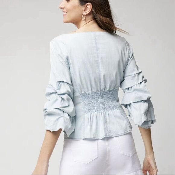 White House Black Market Bell Sleeve Blouse Womens Size 12 Denim Top Preppy Boho - Picture 2 of 14